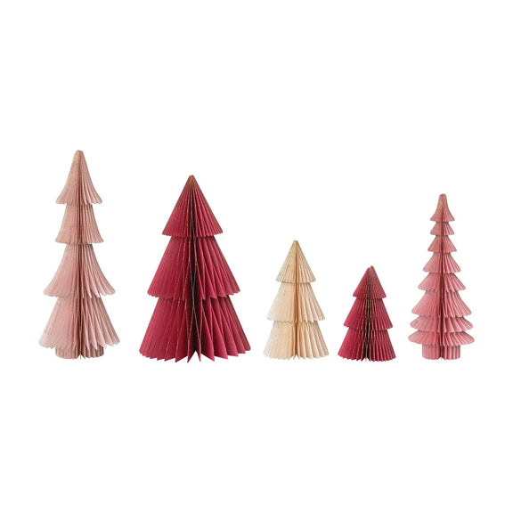 Handmade Folding Honeycomb Trees with Gold Glitter Edges, Set of 5