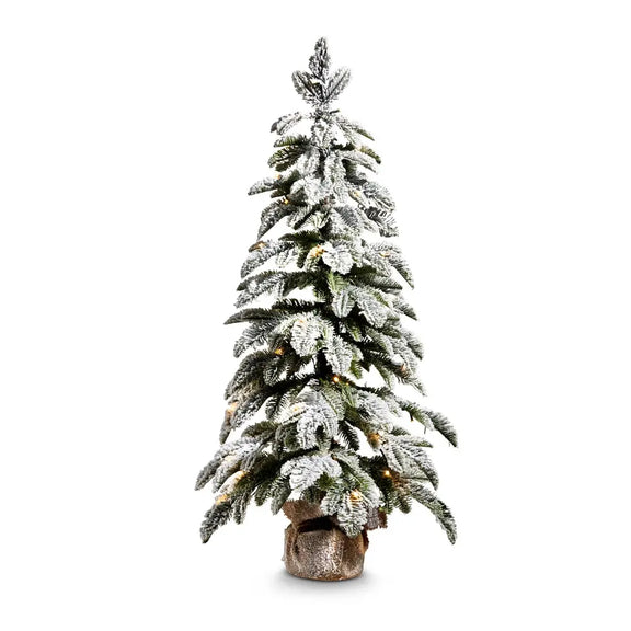 Lighted Faux Flocked Pine Tree in Burlap Bag Raz Imports