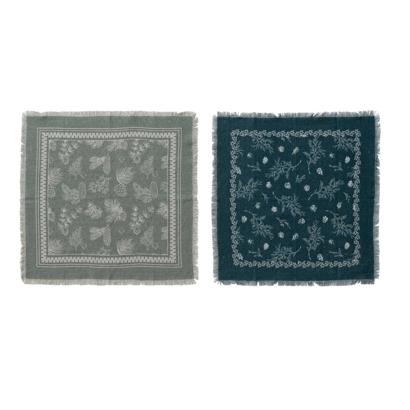 Napkins with Pine Bough Patterns & Frayed Edges, Set of 4 Tied with Tape