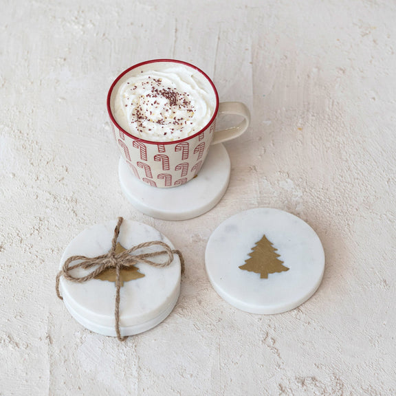Marble Coasters w/ Brass Tree Inlay Greenhouse Home