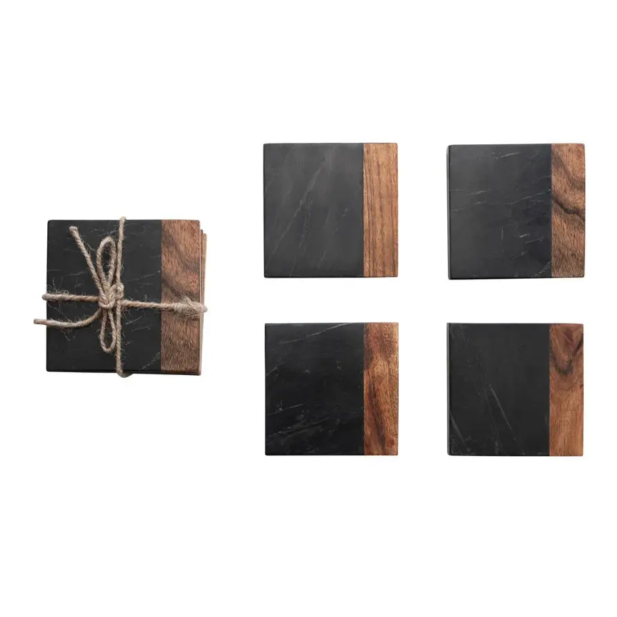 Marble & Acacia Wood Coasters, Set of 4 Greenhouse Home