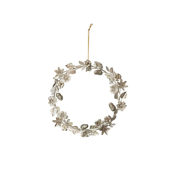 Metal Leaves, Flowers & Acorns Wreath, Antique Silver Finish