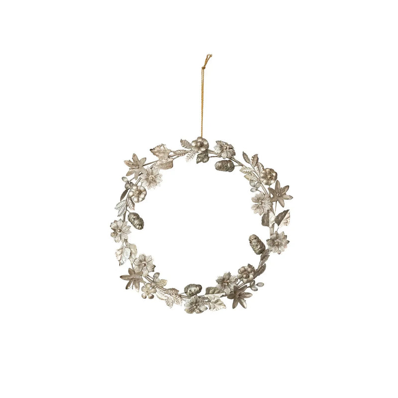 Metal Leaves, Flowers & Acorns Wreath, Antique Silver Finish