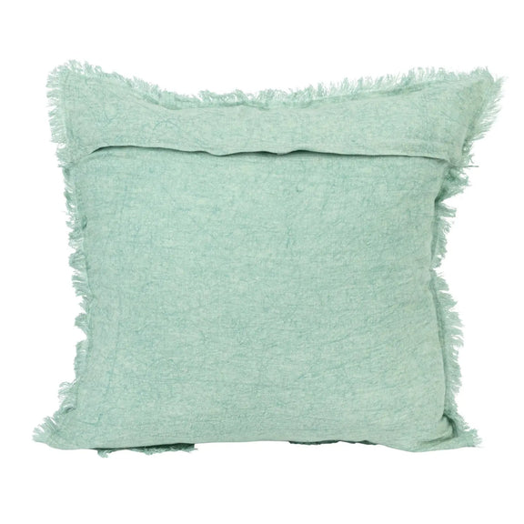 Mint Green Square Stonewashed Linen Pillow with Fringe Greenhouse Home