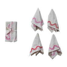 Napkins with Embroidered Wavy Lines, Set of 4 Tied with Tape