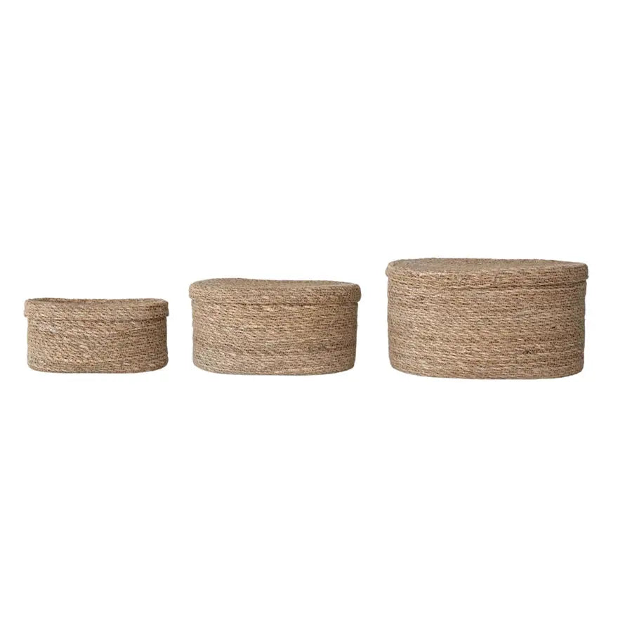 Oval Hand-Woven Seagrass Basket with Lid Greenhouse Home