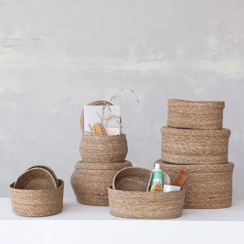 Oval Hand-Woven Seagrass Basket with Lid Greenhouse Home