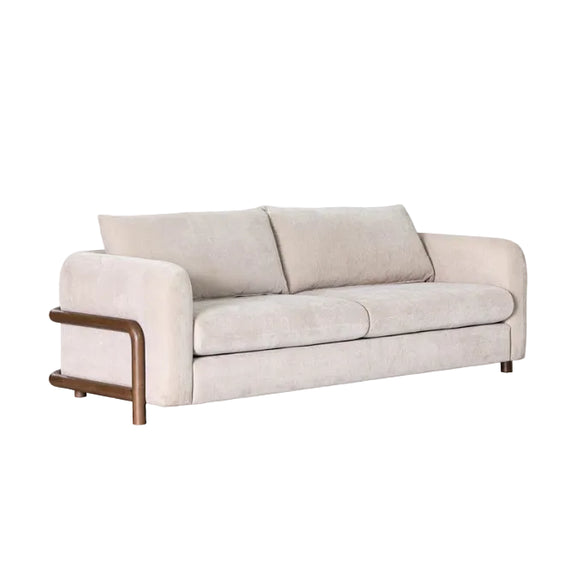 Beige sofa with wooden armrests on a white background