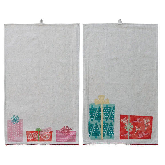 Printed Tea Towel with Gifts & Red Pom Pom Trim, 2 Styles ©