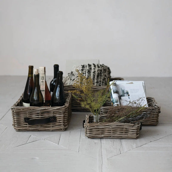 Rattan Nesting Baskets with Leather Handles Greenhouse Home