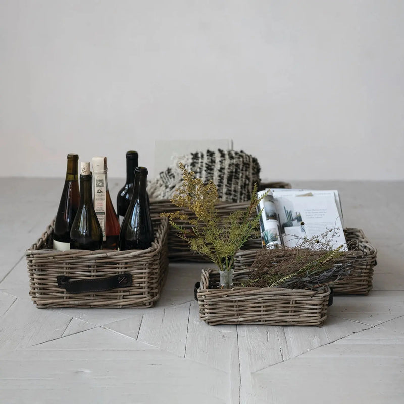 Rattan Nesting Baskets with Leather Handles Greenhouse Home