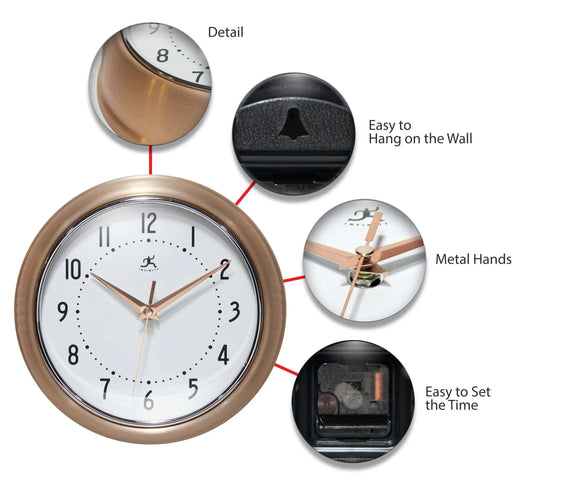 Retro Round Copper Indoor Wall Clock 9.5 Inch Infinity Instruments