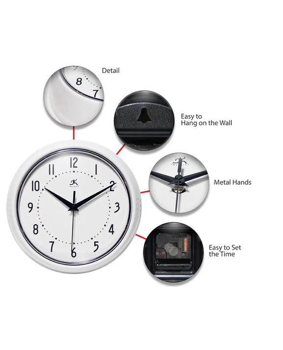 Retro Round White Indoor Wall Clock 9.5 Inch Infinity Instruments