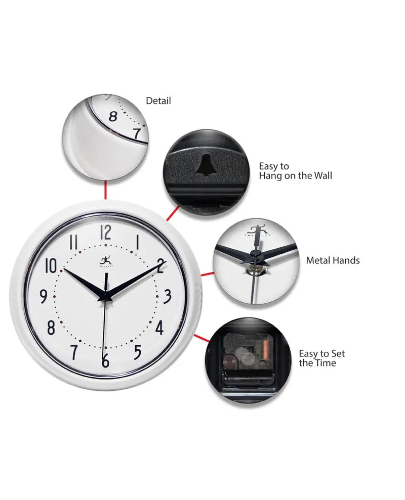 Retro Round White Indoor Wall Clock 9.5 Inch Infinity Instruments