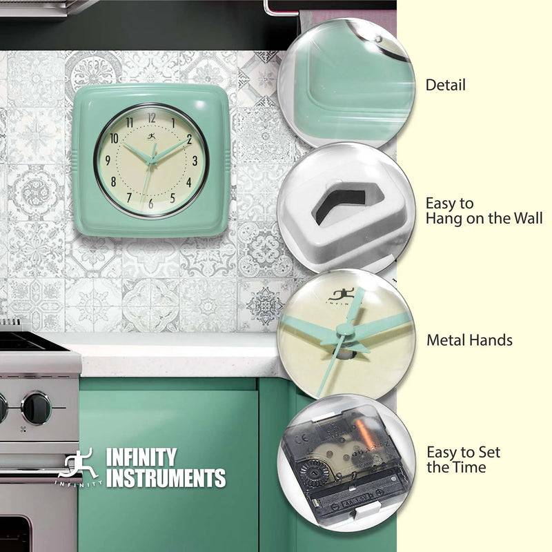 Retro Square Pastel Green Indoor Wall Clock 9.25 Inch: Pastel Green / 9.25 Inch Infinity Instruments