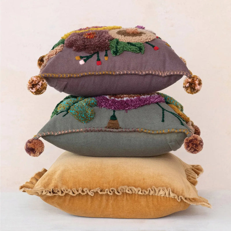 Square Cotton Velvet Pillow w/Ruffled Trim Greenhouse Home