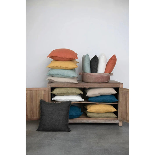 Square Stonewashed Linen Pillow with Fringe Greenhouse Home