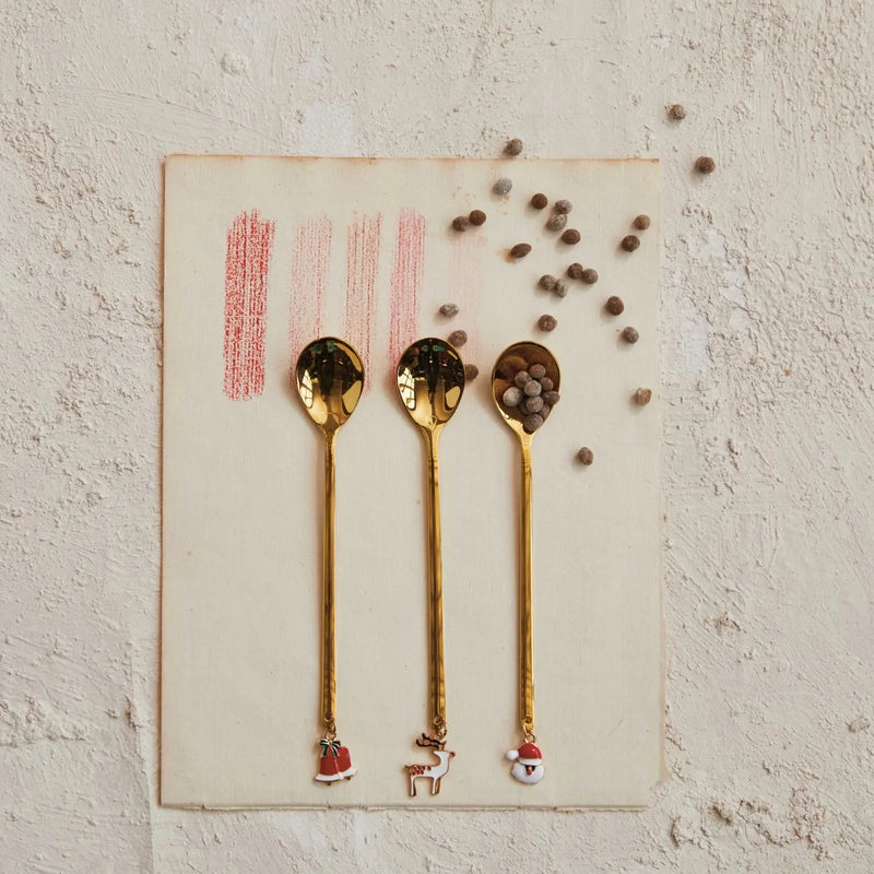 Stainless Steel Spoon w/ Holiday Charm, Gold Finish, 3 Styles Greenhouse Home