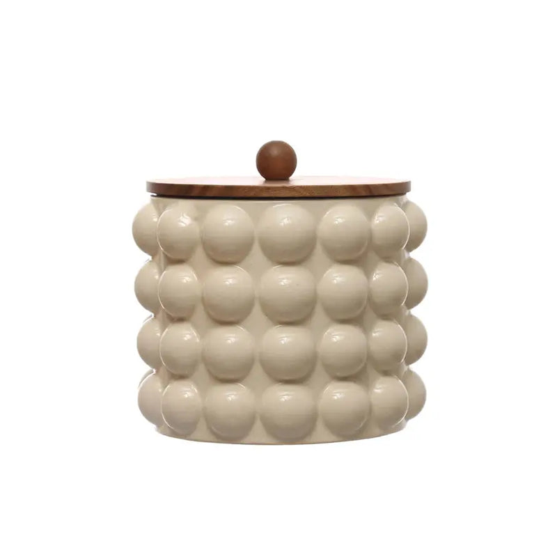 Stoneware Canister with Raised Dots + Acacia Wood Lid Greenhouse Home