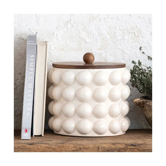 Stoneware Canister with Raised Dots + Acacia Wood Lid Greenhouse Home