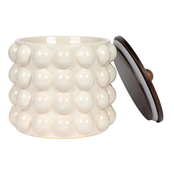 Stoneware Canister with Raised Dots + Acacia Wood Lid Greenhouse Home