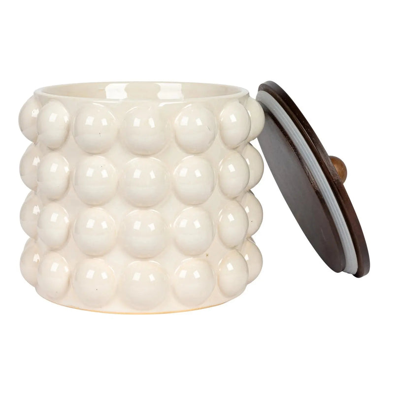 Stoneware Canister with Raised Dots + Acacia Wood Lid Greenhouse Home