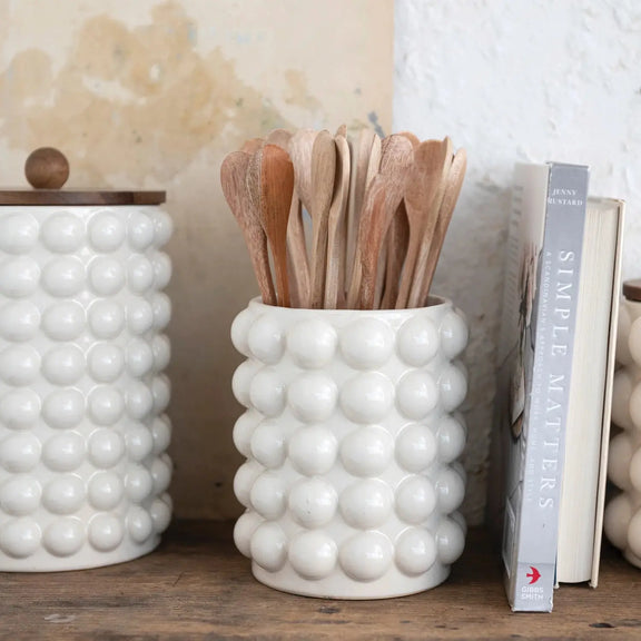 Stoneware Canister with Raised Dots + Acacia Wood Lid Greenhouse Home
