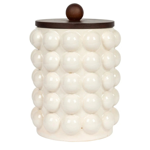 Stoneware Canister with Raised Dots + Acacia Wood Lid Greenhouse Home