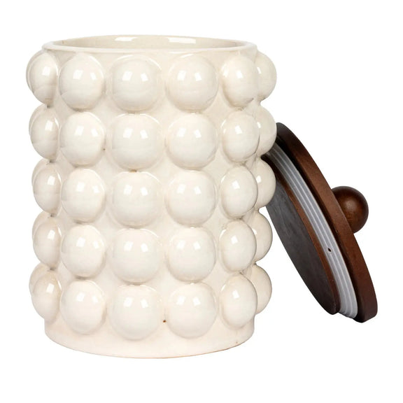 Stoneware Canister with Raised Dots + Acacia Wood Lid Greenhouse Home