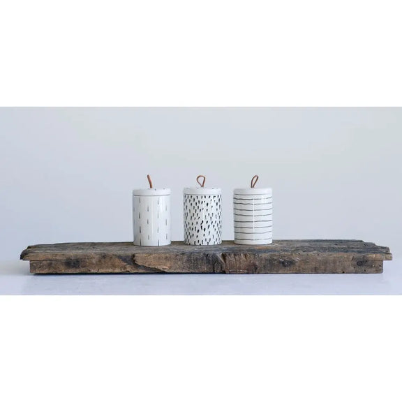 Stoneware Container with Lid + Leather Pull - Greenhouse Home