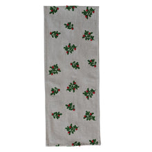 Table Runner with Embroidered Mistletoe Pattern & Pom Poms, Natural