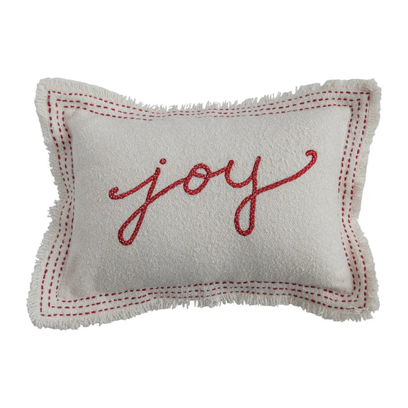 Woven Cotton Blend Textured Lumbar Pillow with Embroidery & Fringe "Joy"
