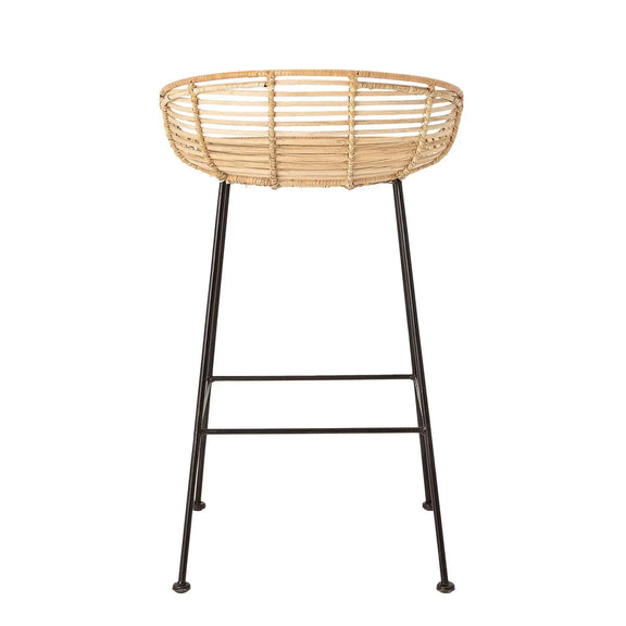 Woven Rattan Bar Stool w/ Black Wrought Iron Legs Greenhouse Home