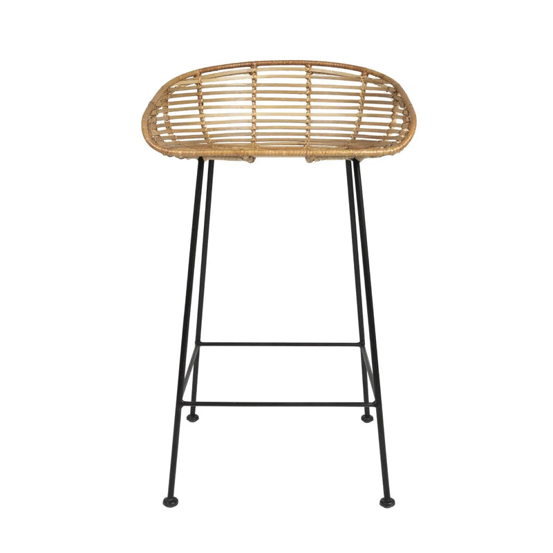 Woven Rattan Bar Stool w/ Black Wrought Iron Legs Greenhouse Home