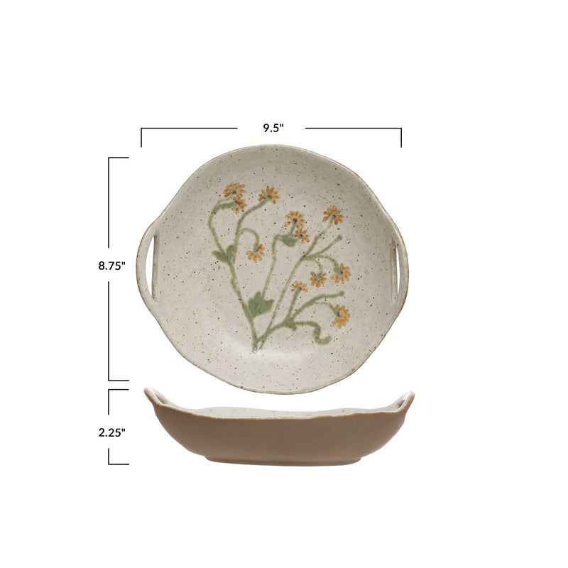 Hand-Painted Stoneware Bowl w/ Handles & Botanicals