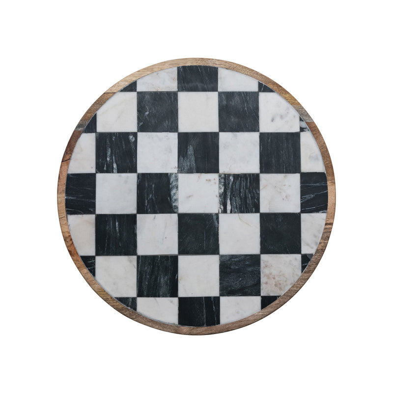 Mango Wood & Marble Check Lazy Susan