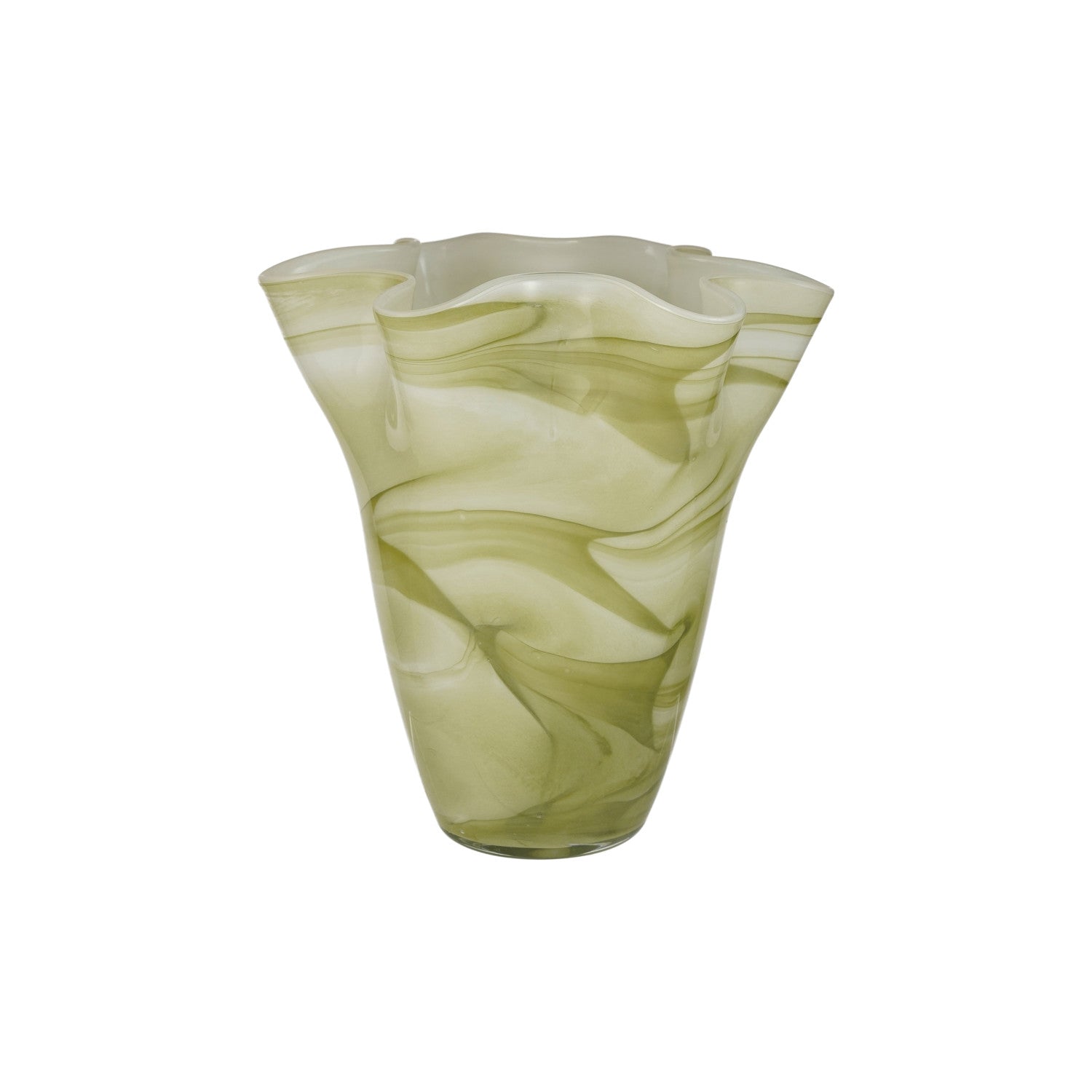 Hand-Blown Glass Ruffled Vase with Swirled Design