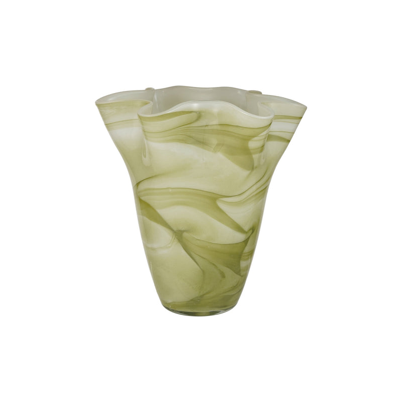 Hand-Blown Glass Ruffled Vase with Swirled Design