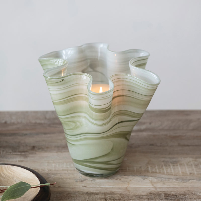 Hand-Blown Glass Ruffled Vase with Swirled Design