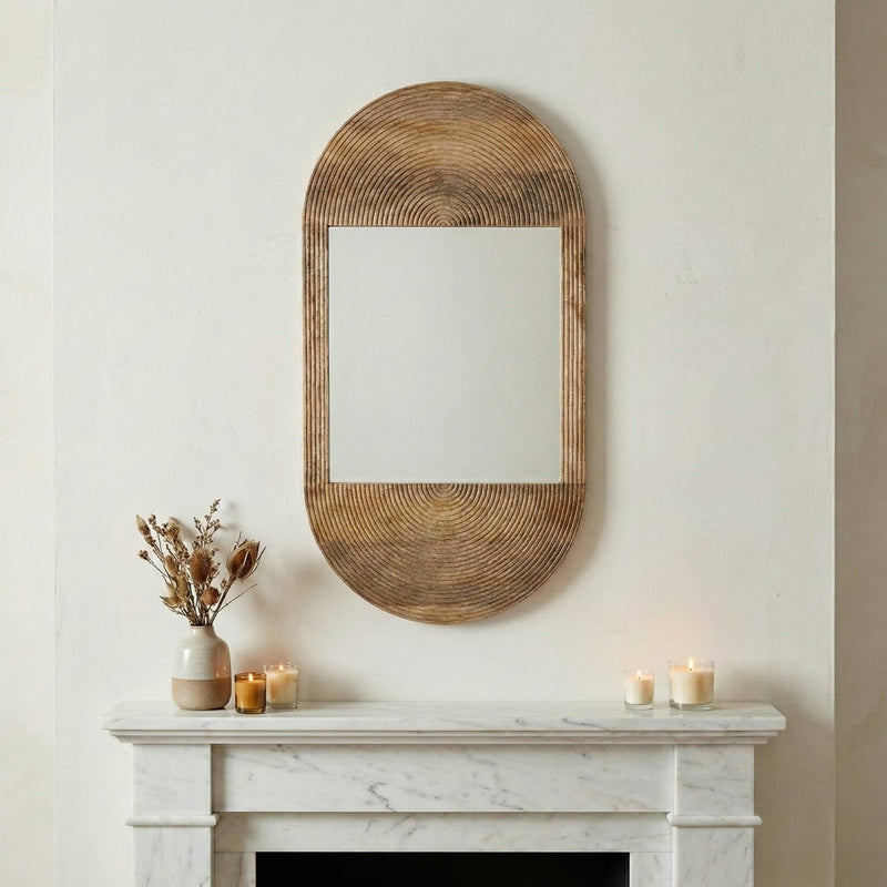 Brown Wood Glass Arched Oval Hanging Wall Mirror