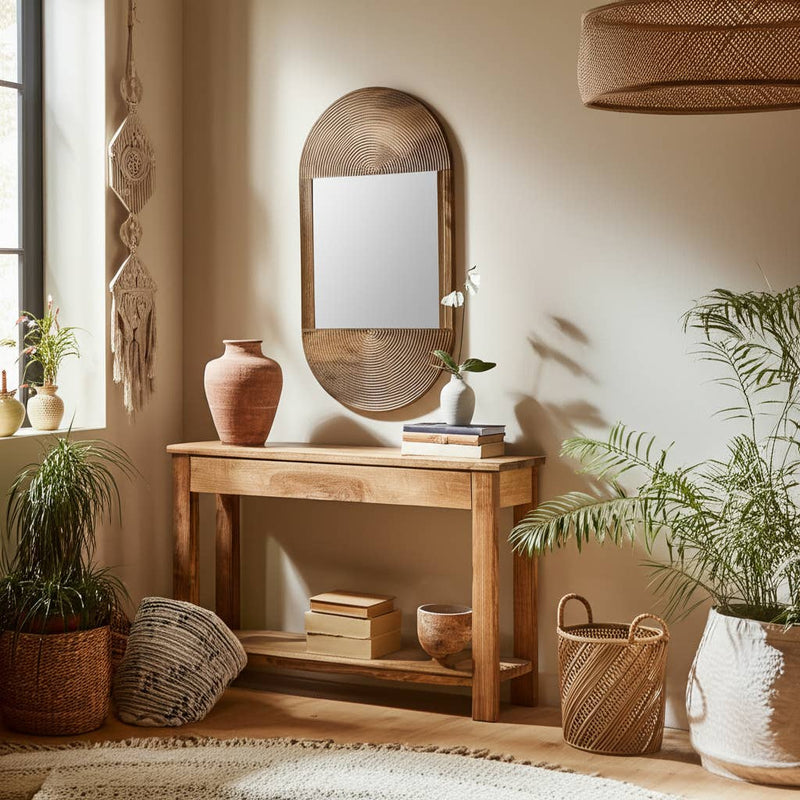 Brown Wood Glass Arched Oval Hanging Wall Mirror