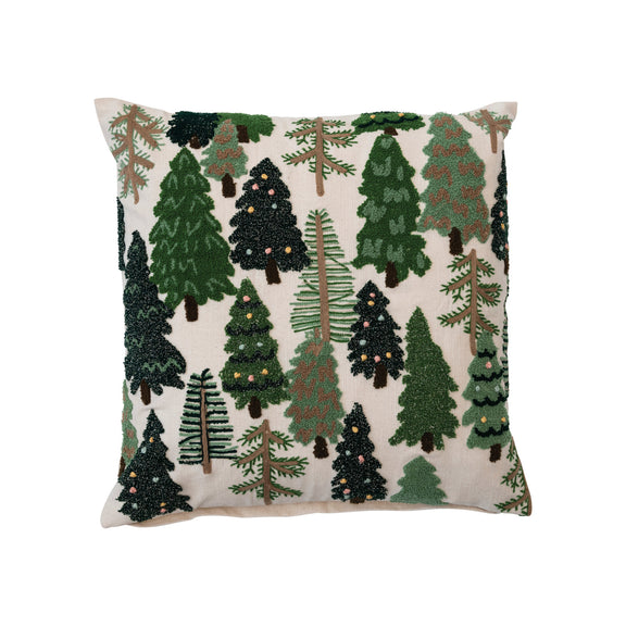 20" Square Cotton Slub Embroidered Pillow w/ Trees & French Knots, Multi Color