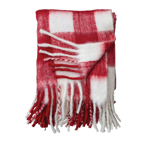 60"L x 50"W Woven Acrylic Throw w/ Fringe, Red & White Plaid