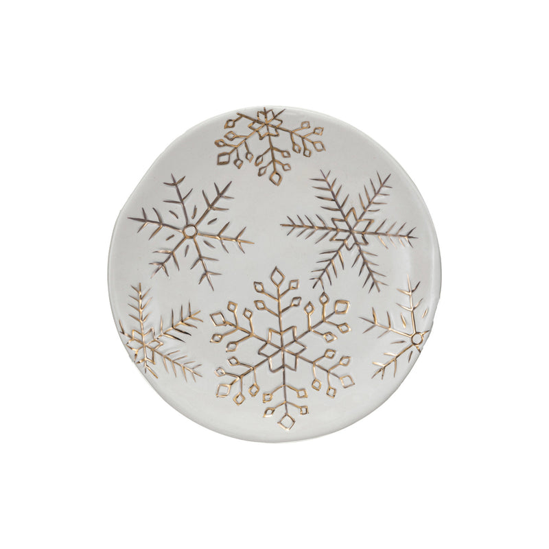 Stoneware Plate w/ Gold Electroplated Snowflakes, White