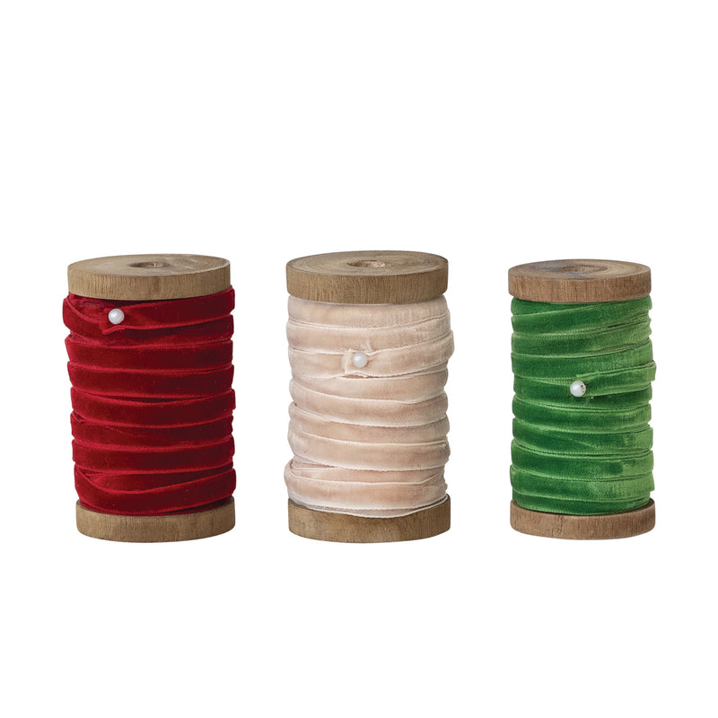 10 Yard 1/4"W Velvet Ribbon on Wood Spool, 3 Colors