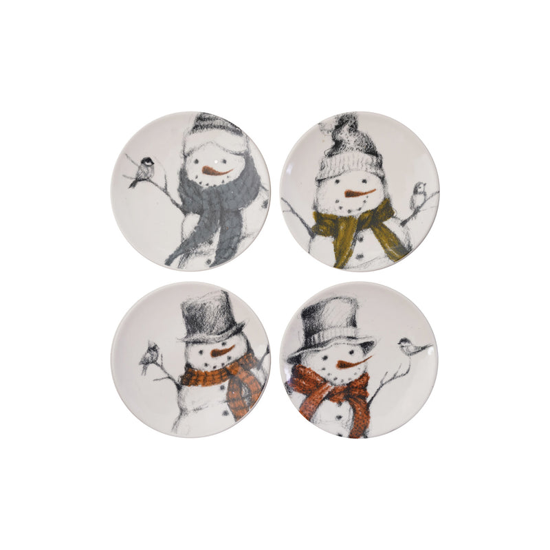 5" Round Stoneware Dish with Snowman & Bird Image, 4 Styles ©