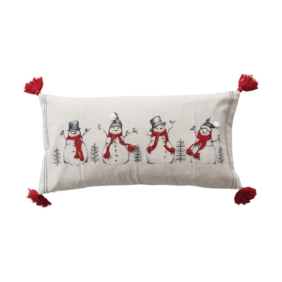 Lumbar Pillow with Embroidered Snowmen & Birds Image ©