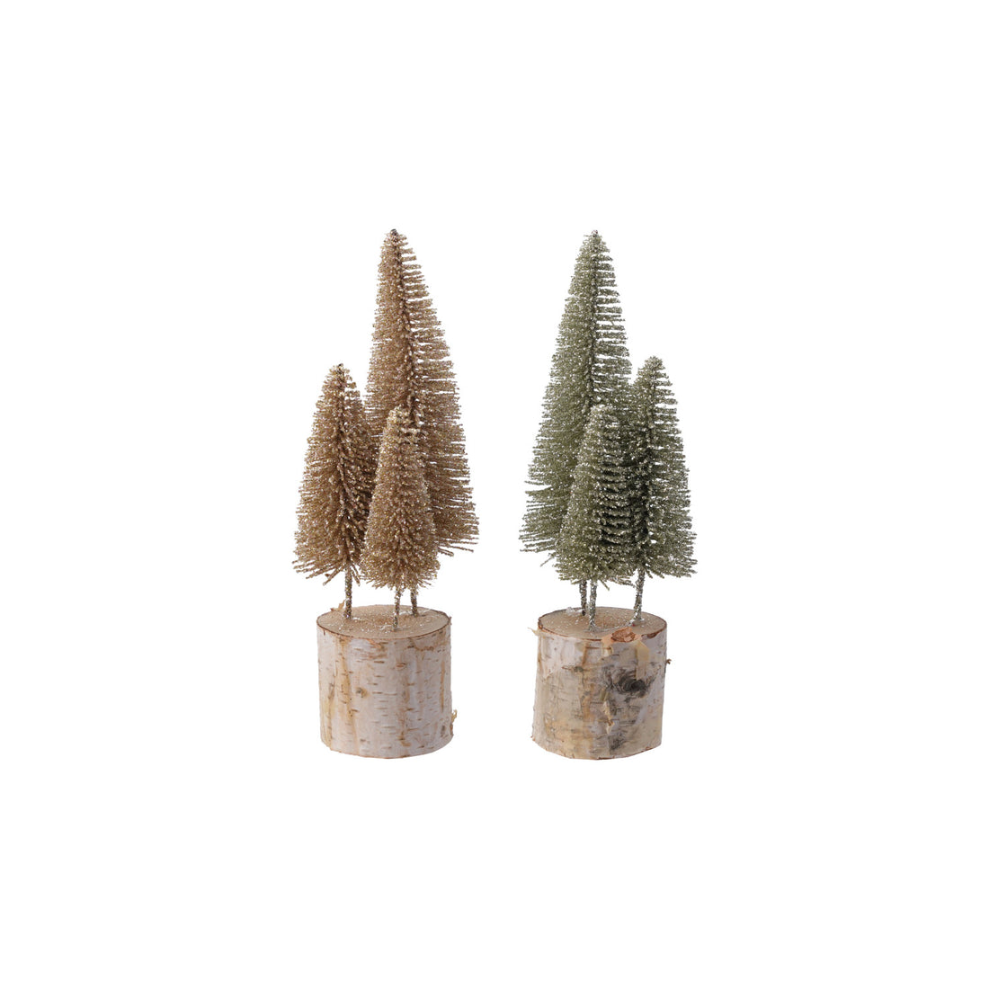 Plastic Bottle Brush Trees with Glitter & Wood Base, 2 Colors ...