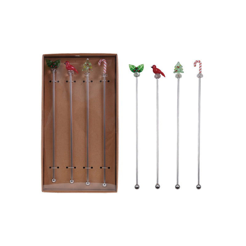 Cocktail Stirrers with Hand-Blown Glass Icons, Boxed Set of 4