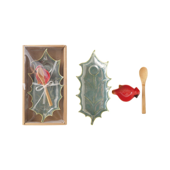 Stoneware Plate with Dish & Bamboo Spoon, Boxed Set of 3